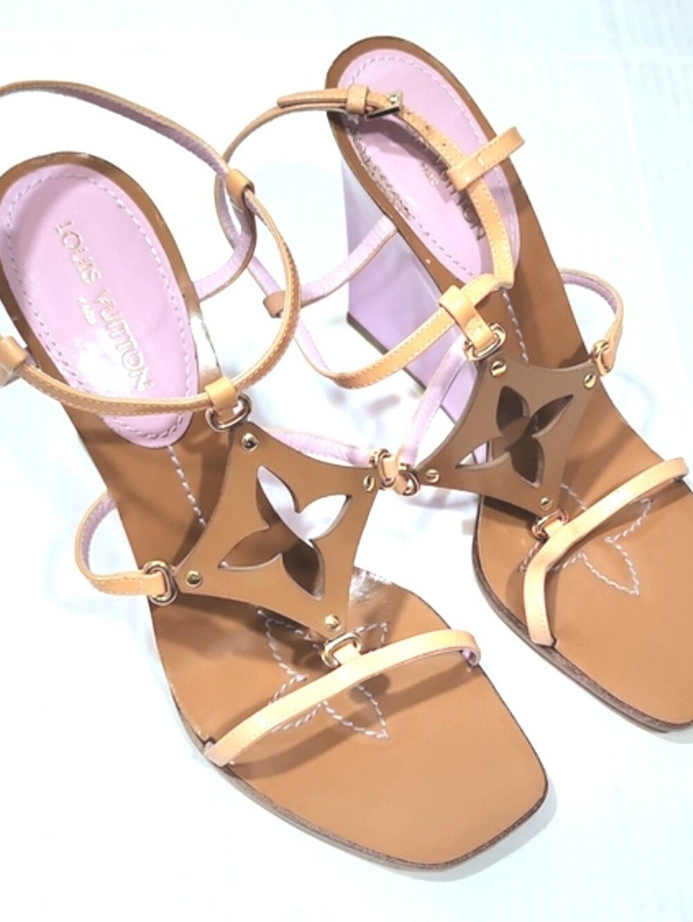 Louis Vuitton Capricieuse Fleur Monogram Cutout Wedge Sandal Tan Lilac. 39